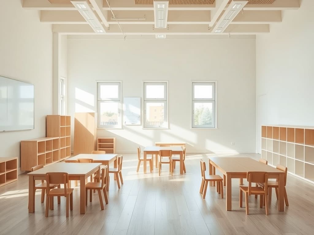 Bright, organized empty preschool classroom ready for the day