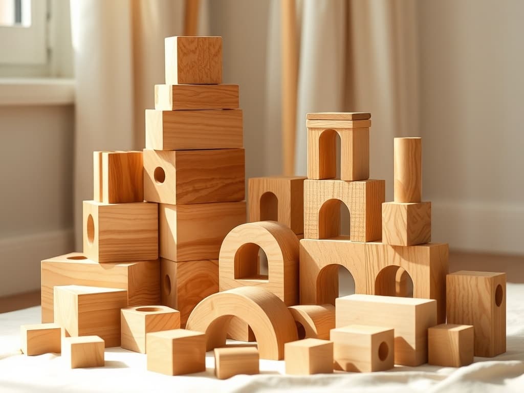 Natural wooden building blocks stacked on a neutral surface