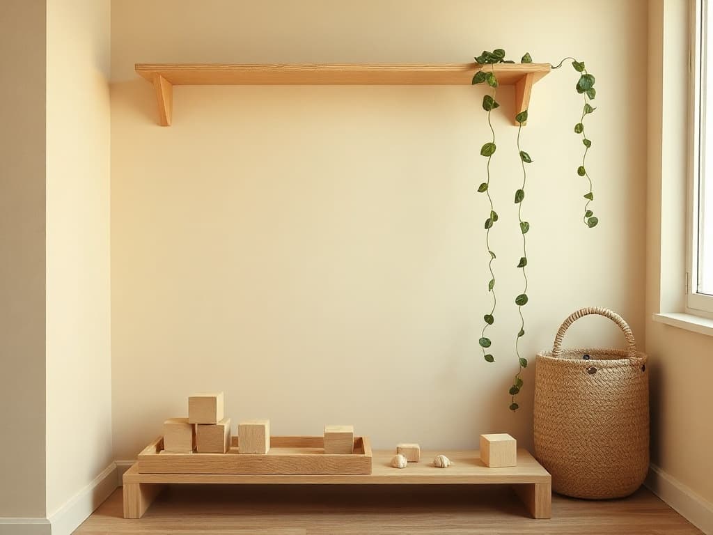 Low wooden shelf with sorted blocks and a trailing green pothos plant