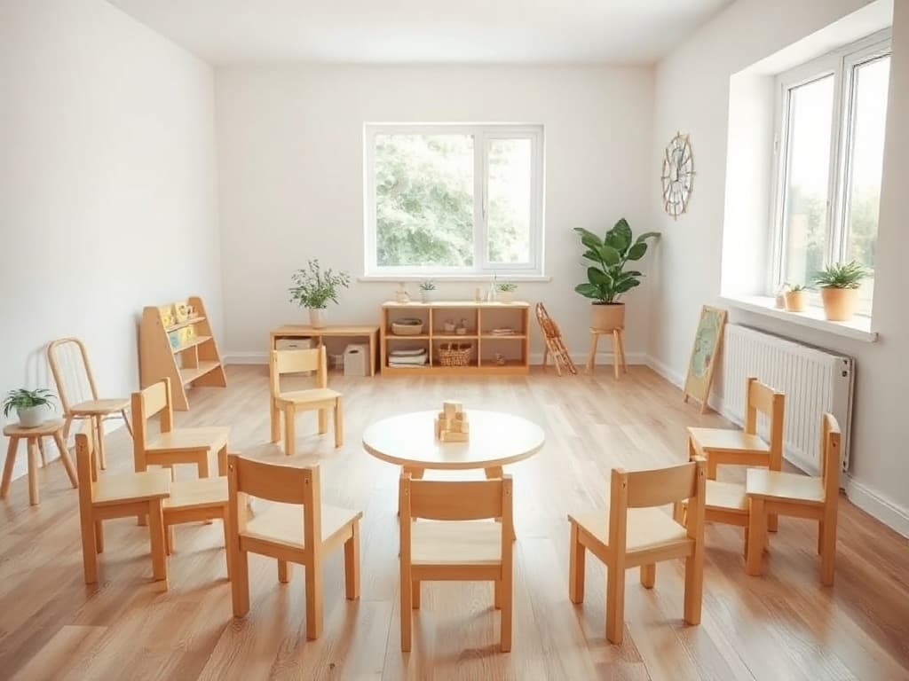 Calm empty learning circle: small wooden chairs arranged in a soft ring around a low table with stacked blocks